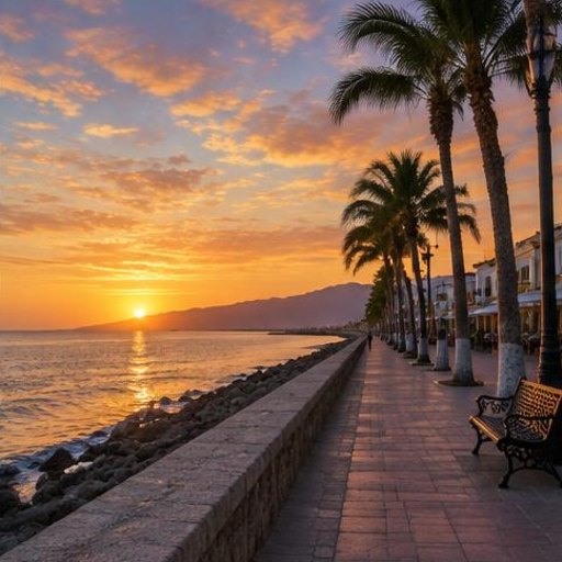 Malecón at sunset · Loreto facing the Sea of Cortez