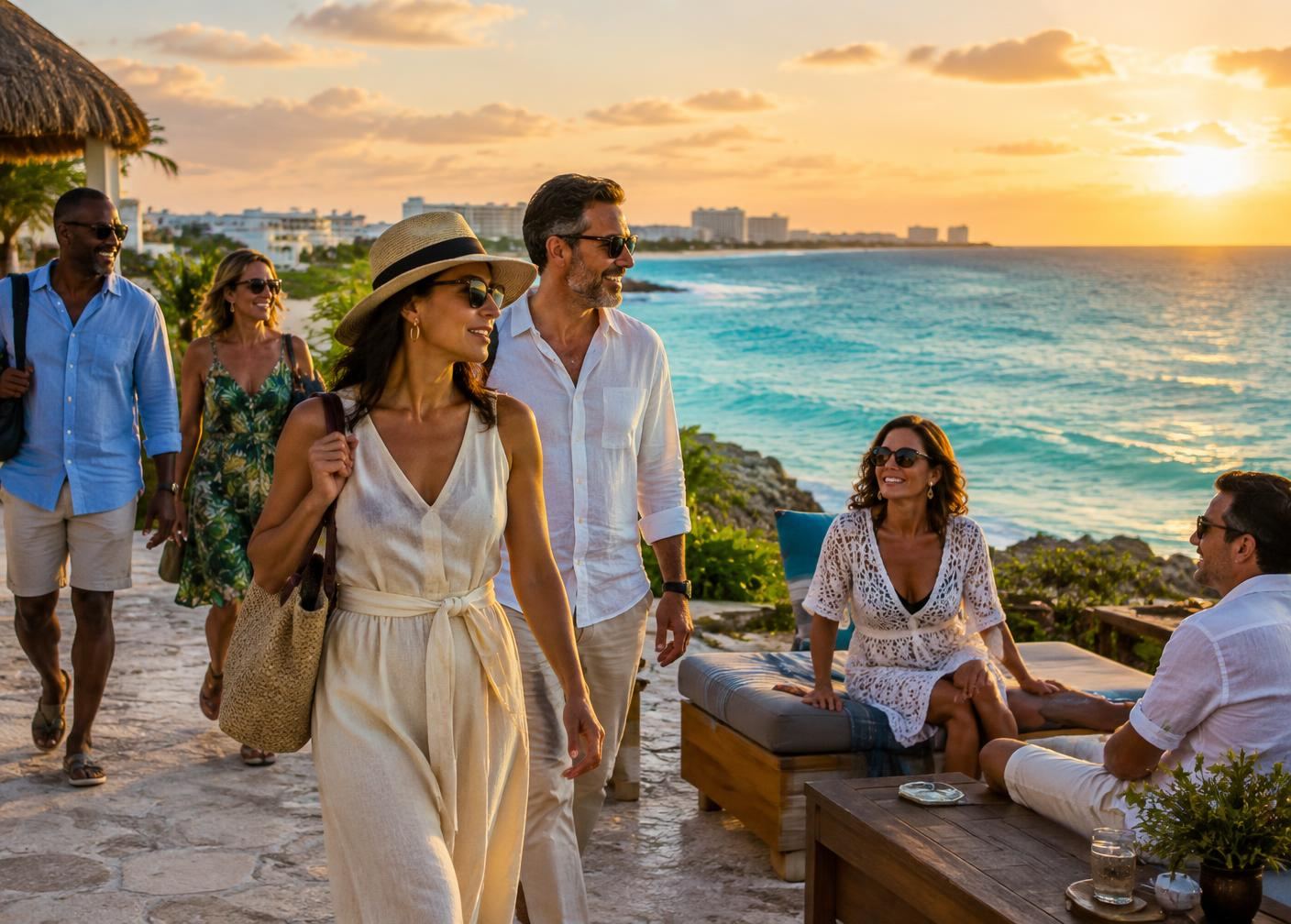 Travelers arriving beside the Caribbean in Cancún