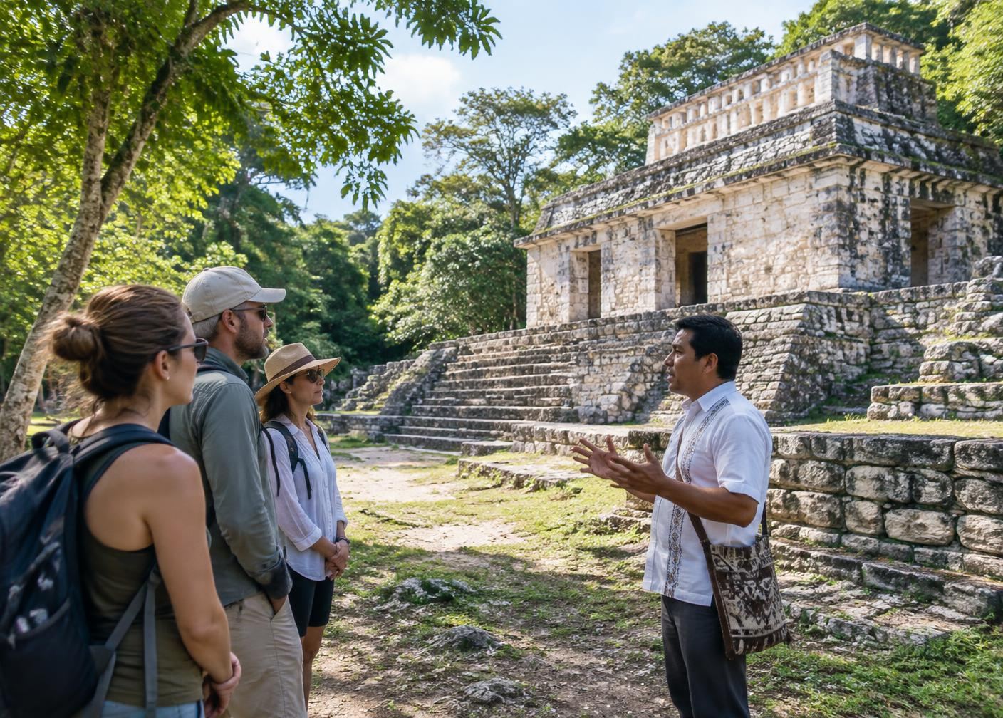 A local guide introducing travelers to Ek Balam