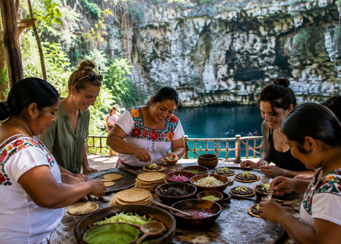 Women from a Maya cooperative cooking with travelers beside a cenote