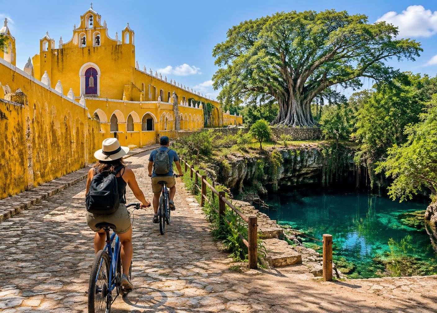 Travelers cycling through Izamal and rural Yucatán