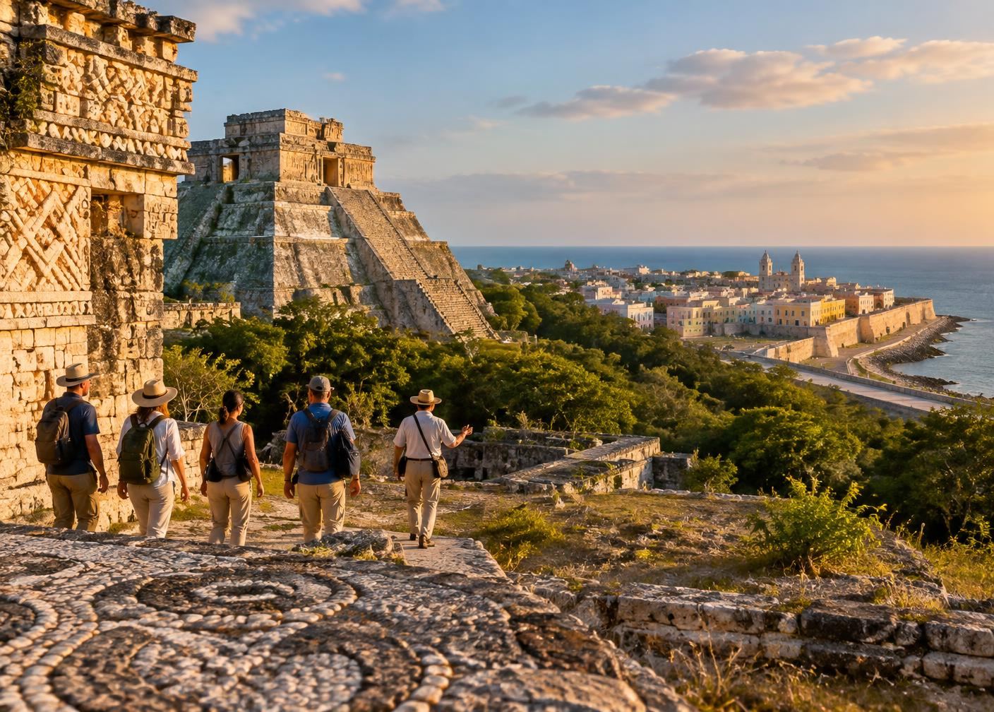 Travelers exploring the Puuc architecture of Uxmal