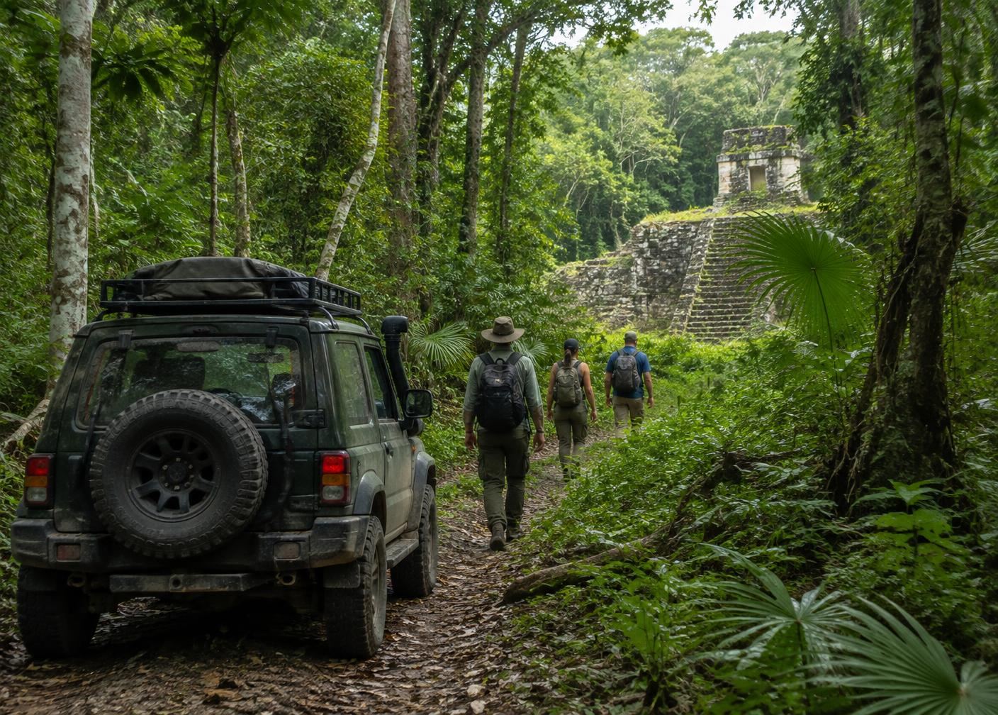 Travelers entering the jungle near Xpujil