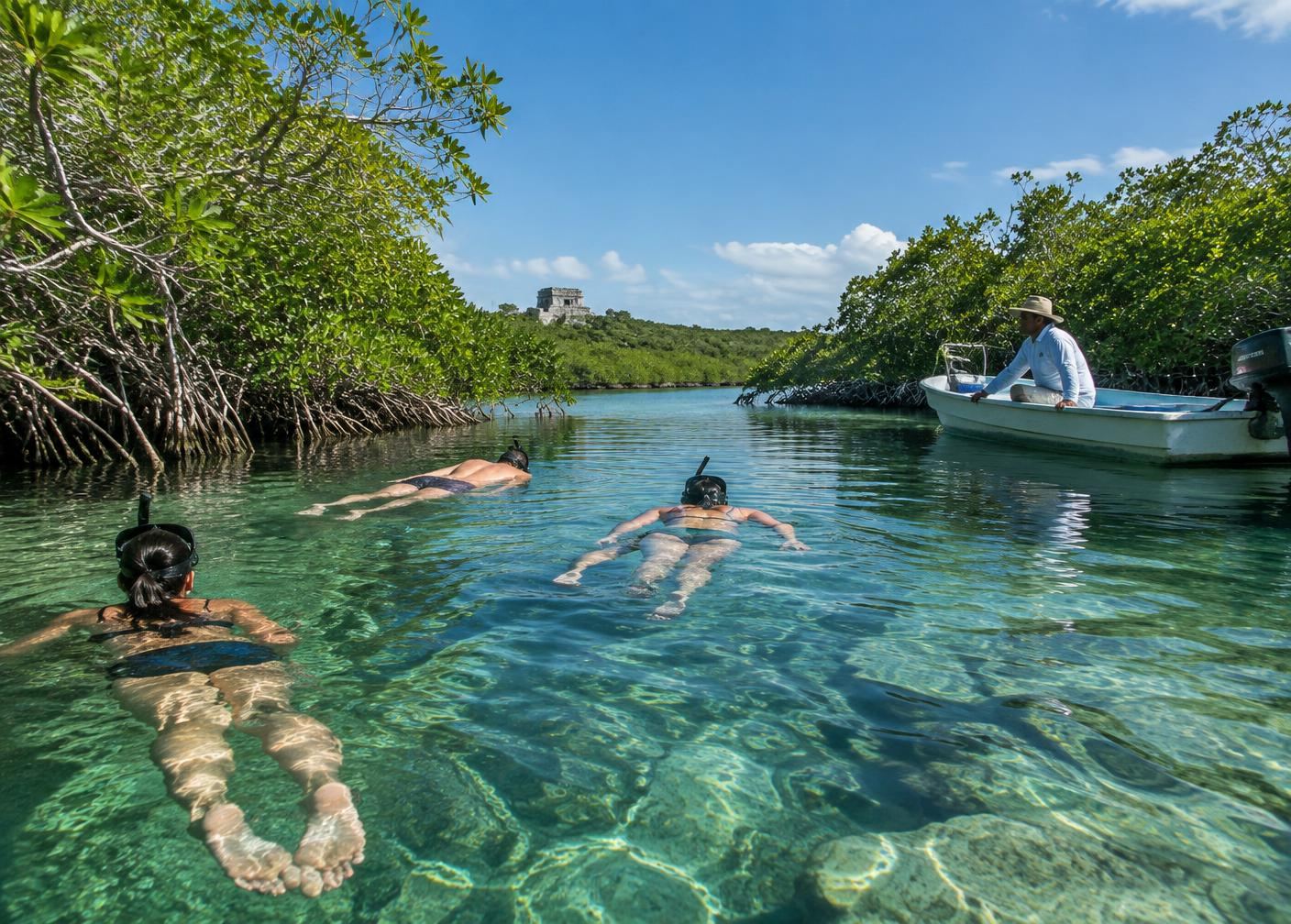 Travelers floating through natural channels in Sian Ka'an