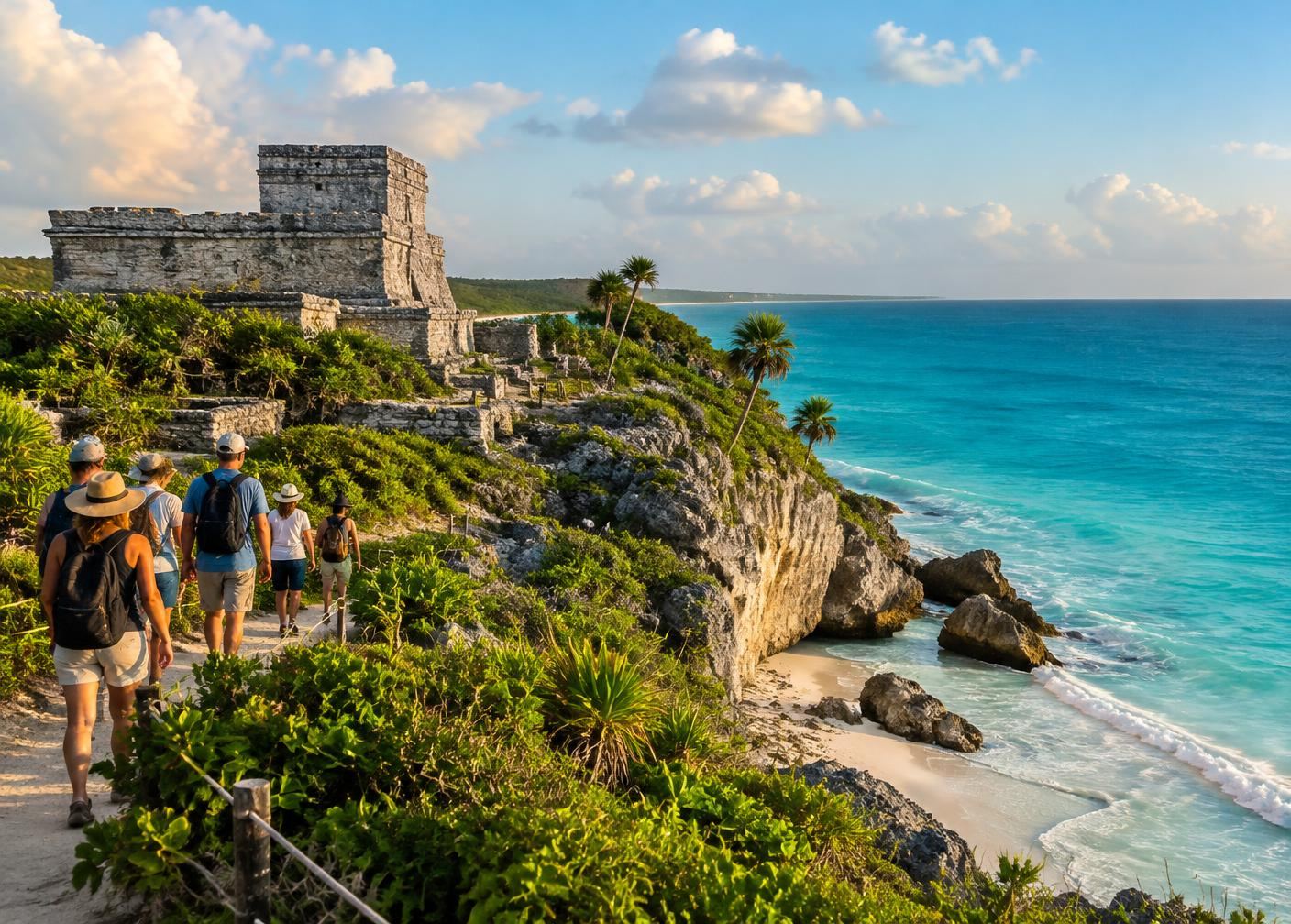 Travelers exploring Tulum's temples above the Caribbean