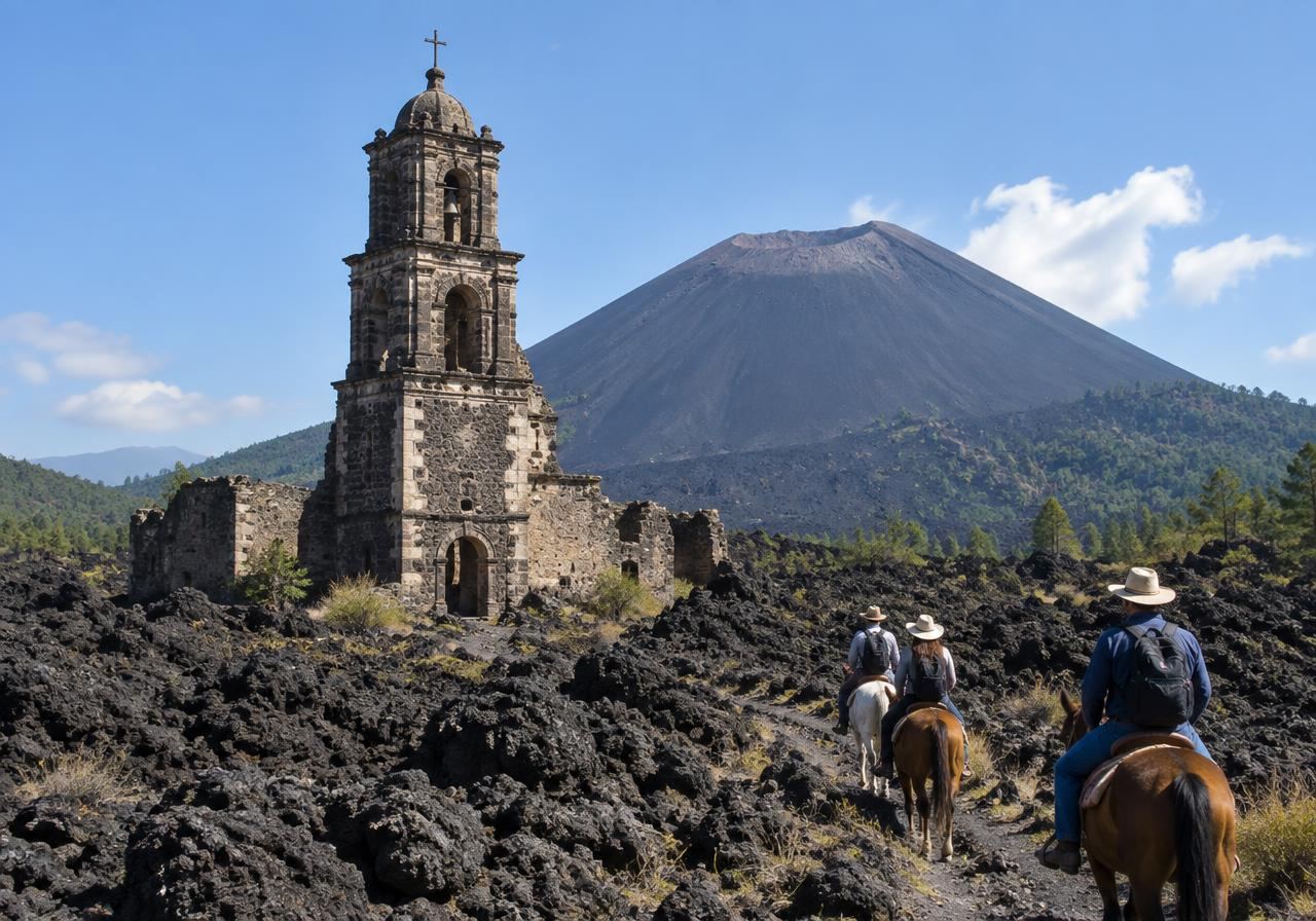 Ride to the buried church of Paricutín.