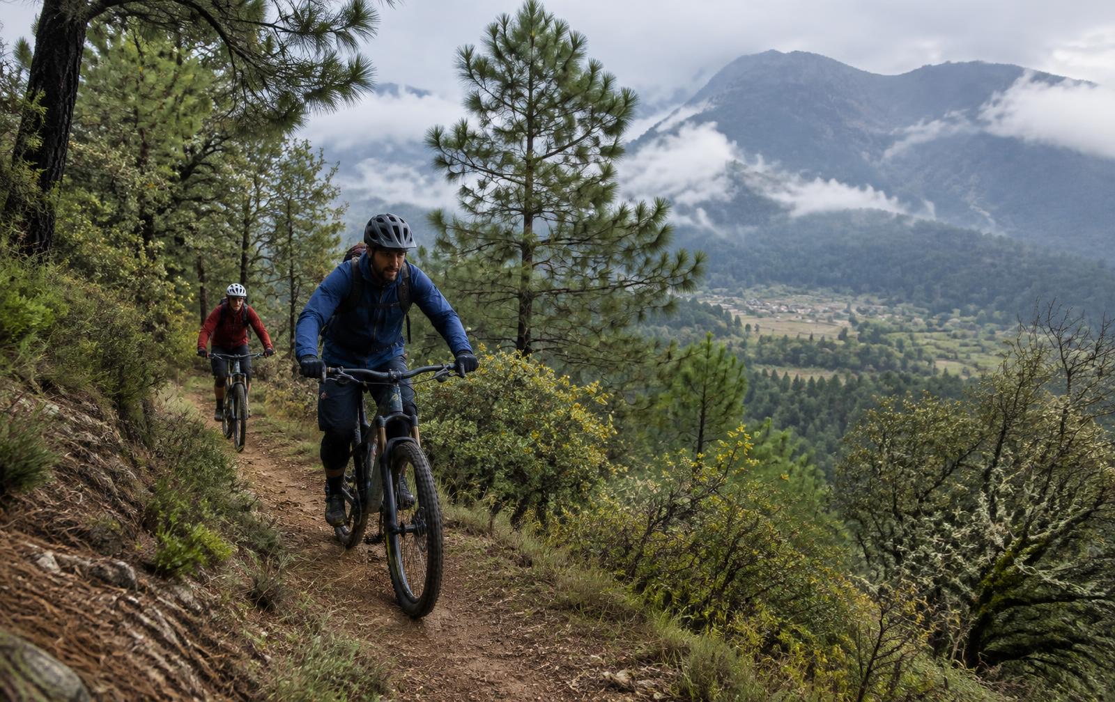 Two mountain bikers on a forest trail in the Mexican highlands