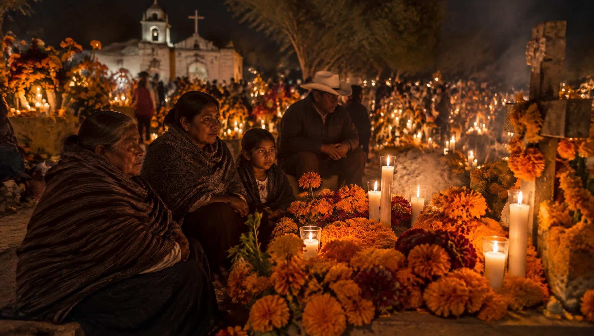 Candles and cempasúchil on a family grave in the Oaxaca Valley, the night of the vigil.