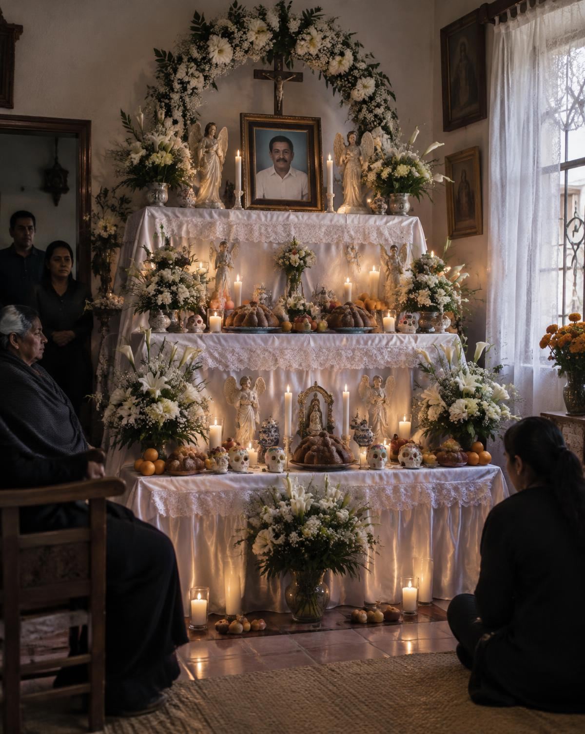 A monumental ofrenda in a Huaquechula home: white satin, angels, bread and the portrait of a father lost that year.