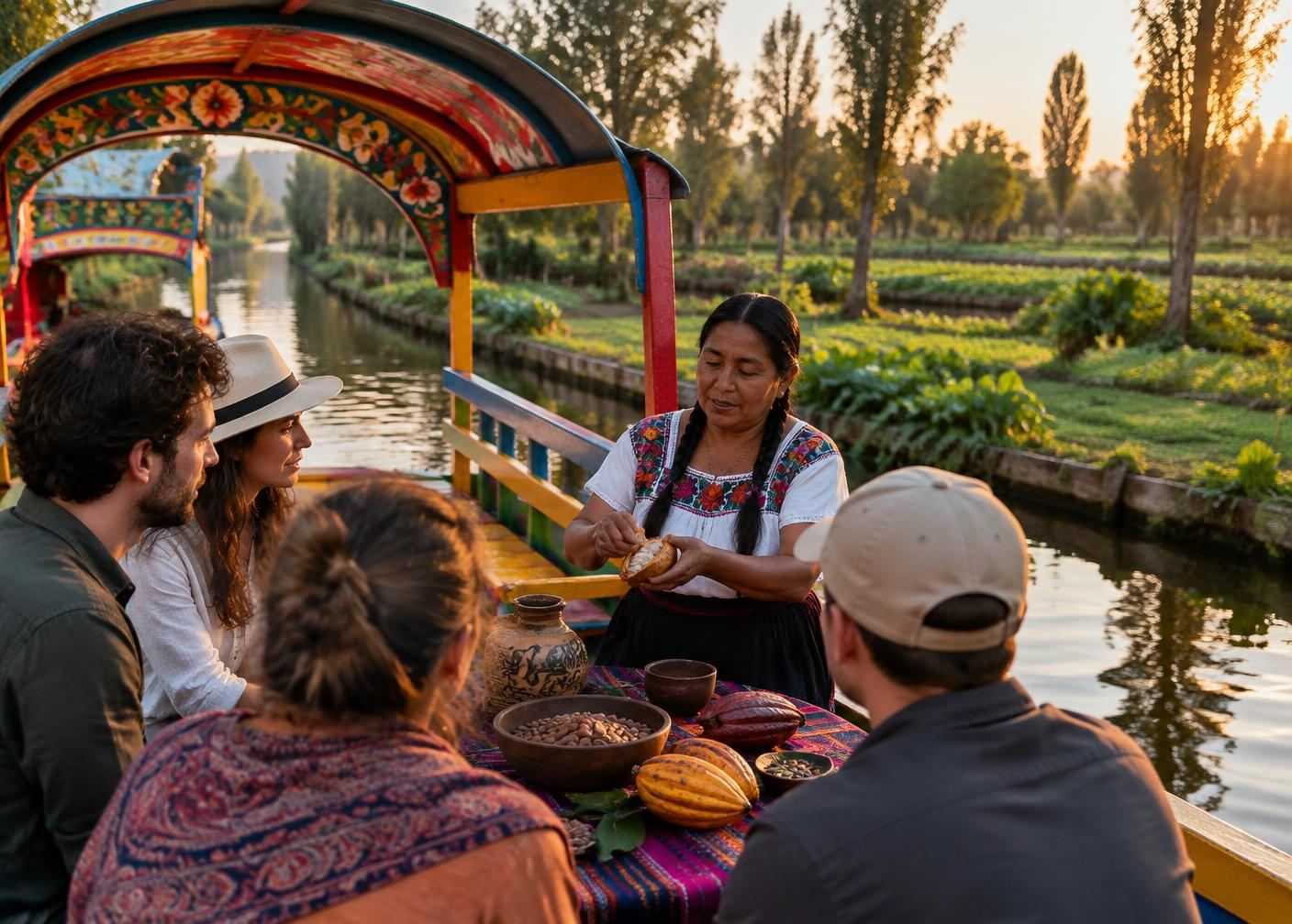 A local host sharing cacao with travelers in Xochimilco