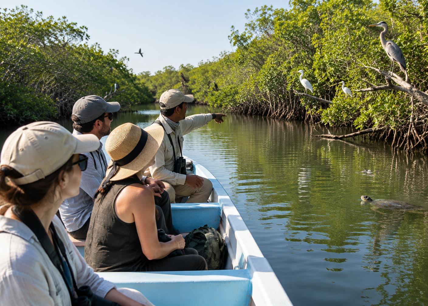 Travelers exploring La Ventanilla's mangroves with a naturalist guide