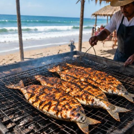 Share pescado zarandeado on the beach.