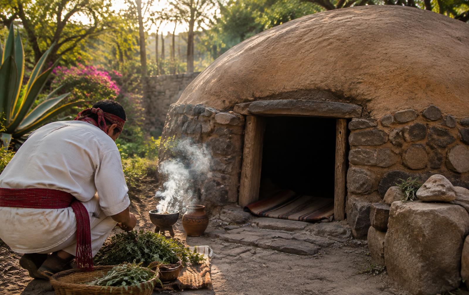 A traditional stone and adobe temazcal with copal smoke at the entrance