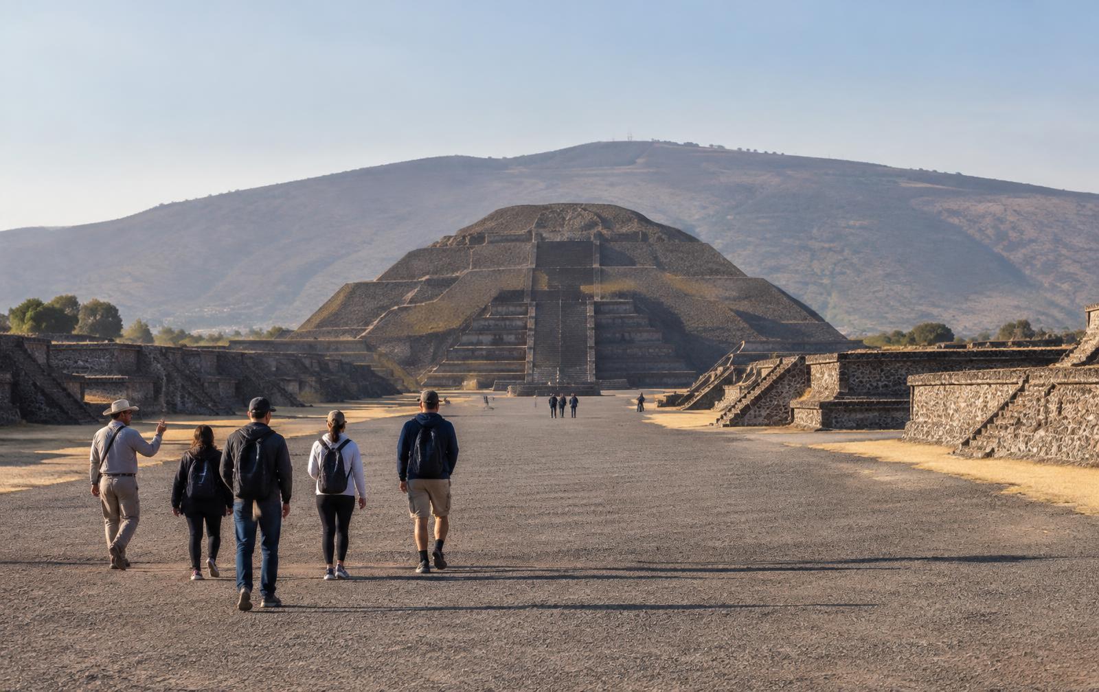 A guided group walking toward the Pyramid of the Moon at Teotihuacán