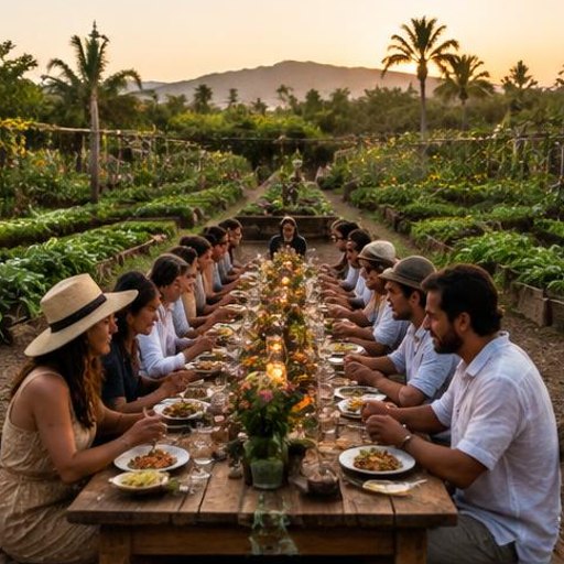 Dine in an organic garden at sunset.